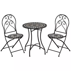 Outsunny 3 Pieces Garden Bistro Set with Coffee Table and 2 Folding Single Chairs, Mosaic Garden Table Top and Seats, Metal Frame, for Patio Balcony, Black - 1