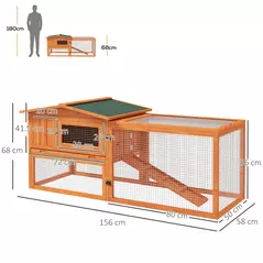 PawHut Rabbit Hutch with Run Wooden Guinea Pig Hutch Outdoor Bunny Cage Hide House with Sliding Tray, Hay Rack, Ramp, 156 x 58 x 68cm, Orange - 3
