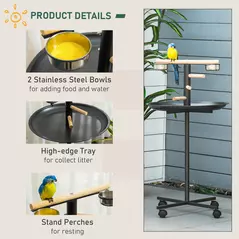 PawHut Parrot Perch Stand, Large Bird Play Stand, Metal Bird Table Feeder Station with Stainless Steel Bowls, Four Wheels, Round Tray, Black - 5