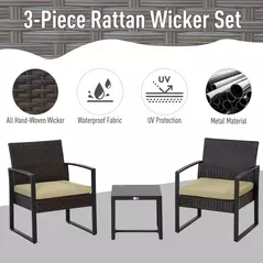 Outsunny 3 pcs PE Rattan Wicker Garden Furniture Patio Bistro Set Weave Conservatory Sofa Coffee Table and Chairs Set Beige - 4