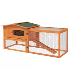 PawHut Rabbit Hutch with Run Wooden Guinea Pig Hutch Outdoor Bunny Cage Hide House with Sliding Tray, Hay Rack, Ramp, 156 x 58 x 68cm, Orange - 1