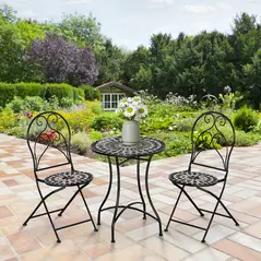 Outsunny 3 Pieces Garden Bistro Set with Coffee Table and 2 Folding Single Chairs, Mosaic Garden Table Top and Seats, Metal Frame, for Patio Balcony, Black - 2