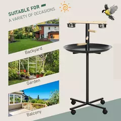 PawHut Parrot Perch Stand, Large Bird Play Stand, Metal Bird Table Feeder Station with Stainless Steel Bowls, Four Wheels, Round Tray, Black - 6