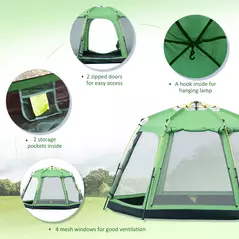 Outsunny 6 Person Pop Up Camping Tent, 2-Tier Design Backpacking Tent with 4 Windows 2 Doors Portable Carry Bag for Fishing Hiking, Green - 6