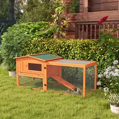 PawHut Rabbit Hutch with Run Wooden Guinea Pig Hutch Outdoor Bunny Cage Hide House with Sliding Tray, Hay Rack, Ramp, 156 x 58 x 68cm, Orange - 2