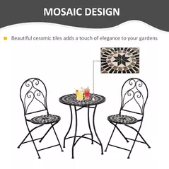 Outsunny 3 Pieces Garden Bistro Set with Coffee Table and 2 Folding Single Chairs, Mosaic Garden Table Top and Seats, Metal Frame, for Patio Balcony, Black - 6