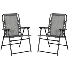 Outsunny 2 Pieces Foldable Chair Set, Outdoor Portable Loungers for Camping Pool Beach Deck, Lawn Chairs with Armrest Steel Frame, Grey - 2