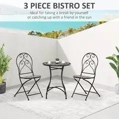 Outsunny 3 Pieces Garden Bistro Set with Coffee Table and 2 Folding Single Chairs, Mosaic Garden Table Top and Seats, Metal Frame, for Patio Balcony, Black - 4