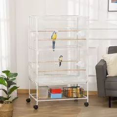 PawHut Large Bird Cage Budgie Cage for Finch Canaries Parakeet with Rolling Stand, Slide-out Tray, Storage Shelf, Food Containers, White - 2