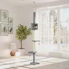 PawHut Floor to Ceiling Cat Tree for Indoor Cats, Kitten Tower, Condo, Multi-Layer Activity Center, Indoor Pet Play House with Solid Scratching Post Hanging Balls, Light Grey - 7