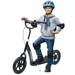HOMCOM Kids Scooter Kick Scooter, with 12" EVA Tyres, Rear Brake, Big Wheels Scooter for 5-12 Years , Black - 1