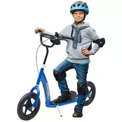 HOMCOM Kids Scooter Kick Scooter, with 12" EVA Tyres, Rear Brake, Big Wheels Scooter for 5-12 Years , Blue - 1