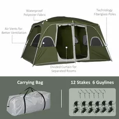 Outsunny Camping Tent, Family Tent 4-8 Person 2 Room, with Large Mesh Windows, Easy Set Up for Backpacking Hiking Outdoor, Green - 8