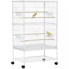 PawHut Large Bird Cage Budgie Cage for Finch Canaries Parakeet with Rolling Stand, Slide-out Tray, Storage Shelf, Food Containers, White - 1