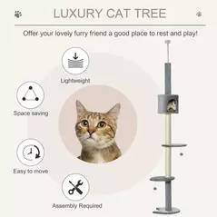 PawHut Floor to Ceiling Cat Tree for Indoor Cats, Kitten Tower, Condo, Multi-Layer Activity Center, Indoor Pet Play House with Solid Scratching Post Hanging Balls, Light Grey - 4