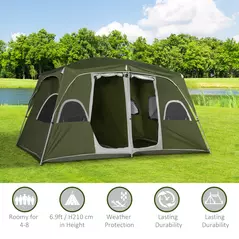 Outsunny Camping Tent, Family Tent 4-8 Person 2 Room, with Large Mesh Windows, Easy Set Up for Backpacking Hiking Outdoor, Green - 6