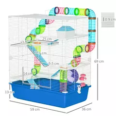 PawHut 5 Tier Hamster Cage, Gerbil Cage with Exercise Wheel, Feeder Bowl, Tube, Water Bottle, 59L x 36W x 69H cm - Blue - 3