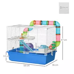 PawHut Hamster Cage, Gerbil Cage 3 Tier for Dwarf Hamster with Tube, Exercise Wheel, Water Bottle, Food Dish 59 x 36 x 47 cm- Blue - 3