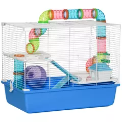 PawHut Hamster Cage, Gerbil Cage 3 Tier for Dwarf Hamster with Tube, Exercise Wheel, Water Bottle, Food Dish 59 x 36 x 47 cm- Blue - 1