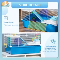PawHut Hamster Cage, Gerbil Cage 3 Tier for Dwarf Hamster with Tube, Exercise Wheel, Water Bottle, Food Dish 59 x 36 x 47 cm- Blue - 6