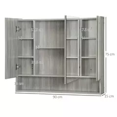 kleankin Bathroom Mirror Cabinet, Wall Mounted Storage Cabinet with Adjustable Shelves, 3 Doors and Cupboards, Grey - 3