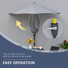 Outsunny 2m Half Parasol Market Umbrella Garden Balcony Parasol with Crank Handle, Base, Double-Sided Canopy, Dark Grey - 5