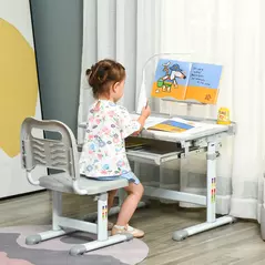 HOMCOM Kids Study Desk and Chair Set w/ Adjustable Height, Storage, Drawer, Grey - 2