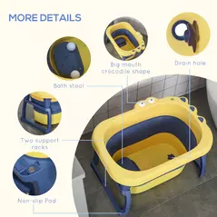 HOMCOM Baby Bathtub for 0-6 Years Collapsible Non-Slip Portable with Stool Seat for Newborns Infants Toddlers Kids - Yellow - 7