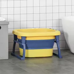 HOMCOM Baby Bathtub for 0-6 Years Collapsible Non-Slip Portable with Stool Seat for Newborns Infants Toddlers Kids - Yellow - 2