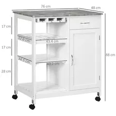 HOMCOM Compact Kitchen Trolley Utility Cart on Wheels with Wine Rack, Drawer, Open Shelf and Storage Cabinet for Dining Room, White - 3
