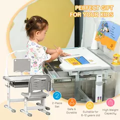 HOMCOM Kids Study Desk and Chair Set w/ Adjustable Height, Storage, Drawer, Grey - 4