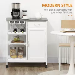 HOMCOM Compact Kitchen Trolley Utility Cart on Wheels with Wine Rack, Drawer, Open Shelf and Storage Cabinet for Dining Room, White - 4