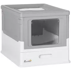 PawHut Hooded Cat Litter Box, Portable Pet Toilet, with Scoop, Front Entry - Grey - 1