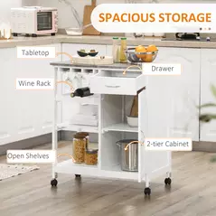 HOMCOM Compact Kitchen Trolley Utility Cart on Wheels with Wine Rack, Drawer, Open Shelf and Storage Cabinet for Dining Room, White - 5