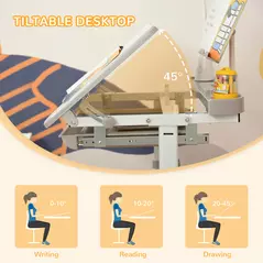 HOMCOM Kids Study Desk and Chair Set w/ Adjustable Height, Storage, Drawer, Grey - 7