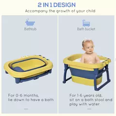 HOMCOM Baby Bathtub for 0-6 Years Collapsible Non-Slip Portable with Stool Seat for Newborns Infants Toddlers Kids - Yellow - 4