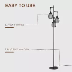 HOMCOM 3-Light Floor Lamp, 170cm Industrial Dimmable Standing Lamp with Steel Wire Cage Lampshades for Living Room, Bedroom, Dining Room, Study, Bulb Not Included, Black - 6