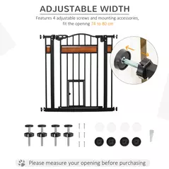 PawHut Pet Gate Safety Gate, with Cat Flap, Auto Close, for Staircases, Doorways, Hallways, 74-80cm Wide - Black - 6
