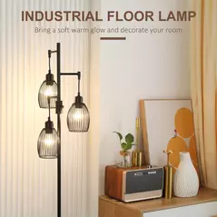 HOMCOM 3-Light Floor Lamp, 170cm Industrial Dimmable Standing Lamp with Steel Wire Cage Lampshades for Living Room, Bedroom, Dining Room, Study, Bulb Not Included, Black - 5