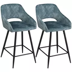 HOMCOM Bar Stools Set of 2, Velvet-Touch Fabric Counter Height Bar Chairs, Kitchen Stools with Steel Legs for Dining Area, Kitchen Island Barstools, Blue - 1
