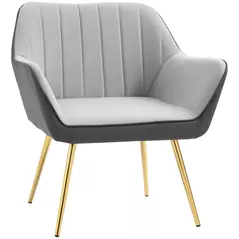 HOMCOM Velvet Armchair, Upholstered Accent Chair with Golden Steel Legs, Modern Vanity Chair for Living Room and Bedroom, Light Grey - 1