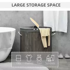 HOMCOM Bamboo Laundry Basket with Lid, 100 Litres Laundry Hamper with 2 Sections, Removable Washable Lining, Washing Baskets, 62.5 x 37 x 60.5cm, Grey - 4