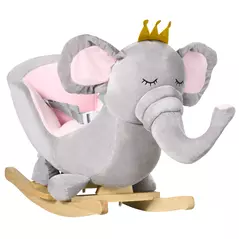 HOMCOM Kids Elephant-Designed Rocking Horse, with Safety Belt, Wooden Base, for Ages 18-36 Months - Grey - 1