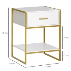 HOMCOM Modern Bedside Table, Nightstand with Drawer Shelf, Side Table for Living room, Bedroom White and Gold, Set of 2 - 3