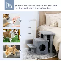 PawHut Adjustable Cat Steps, with House & Hanging Toy Ball - Grey - 7