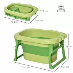HOMCOM Foldable Baby Bathtub, with Stool - Green - 3