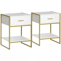 HOMCOM Modern Bedside Table, Nightstand with Drawer Shelf, Side Table for Living room, Bedroom White and Gold, Set of 2 - 1