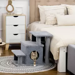 PawHut Adjustable Cat Steps, with House & Hanging Toy Ball - Grey - 2