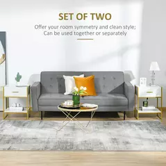 HOMCOM Modern Bedside Table, Nightstand with Drawer Shelf, Side Table for Living room, Bedroom White and Gold, Set of 2 - 4