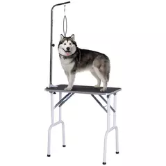 PawHut 32" Foldable Dog Grooming Table Pet Drying Beauty Table Adjustable Fixed Arm Rubber Top, Black - 1
